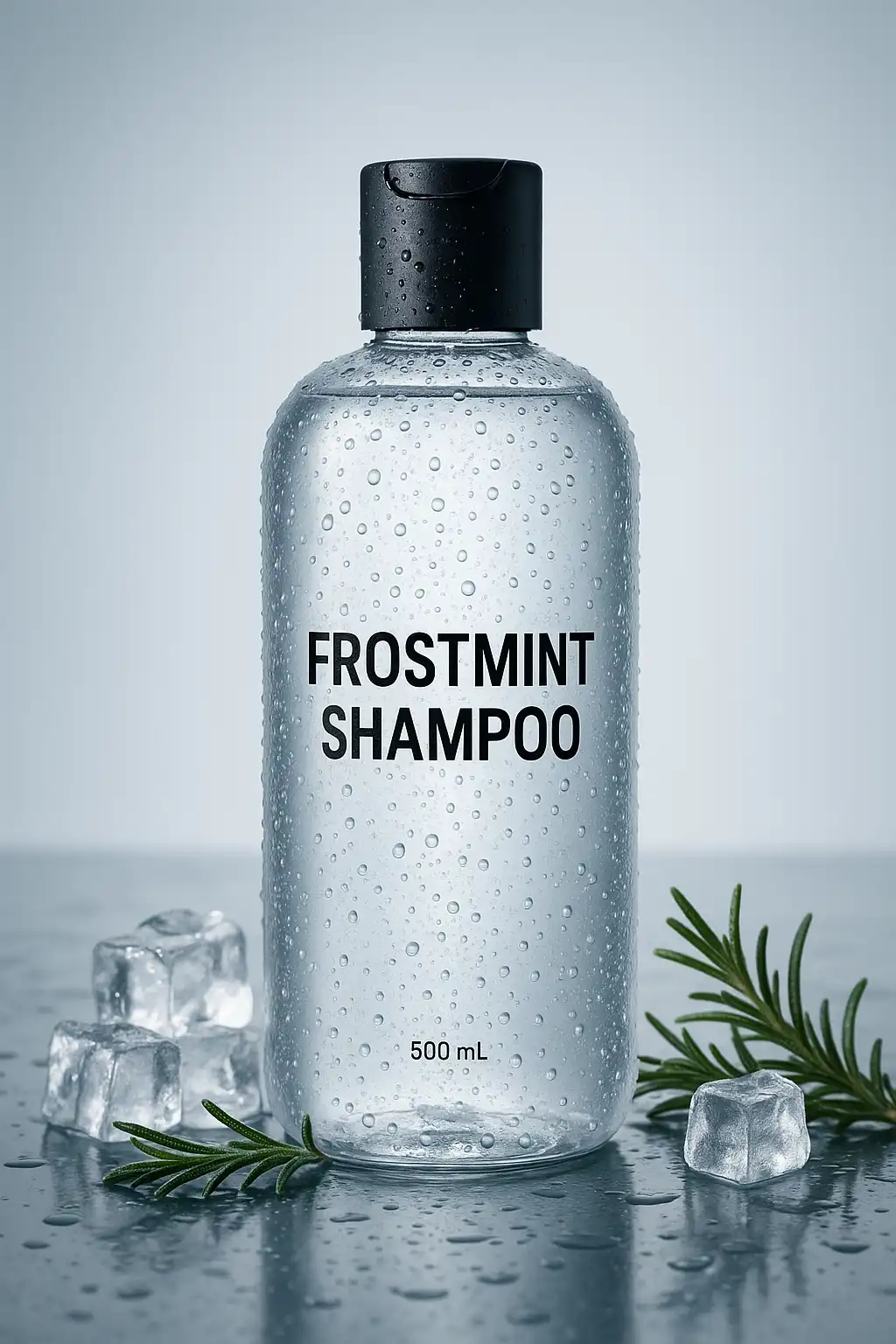 High-resolution studio product photograph of a clear transparent shampoo bottle with black flip-top cap. The bottle is covered with fine water droplets for a fresh, icy effect. It stands on a reflective wet surface surrounded by melting ice cubes and sprigs of rosemary. Cool-toned background with soft lighting gives a refreshing, minimal spa-like aesthetic. The FROSTMINT SHAMPOO on the bottle reads your custom shampoo brand name in bold black sans-serif font. Ensure the text is cleanly centered and realistically blended onto the bottle surface with proper perspective and lighting.