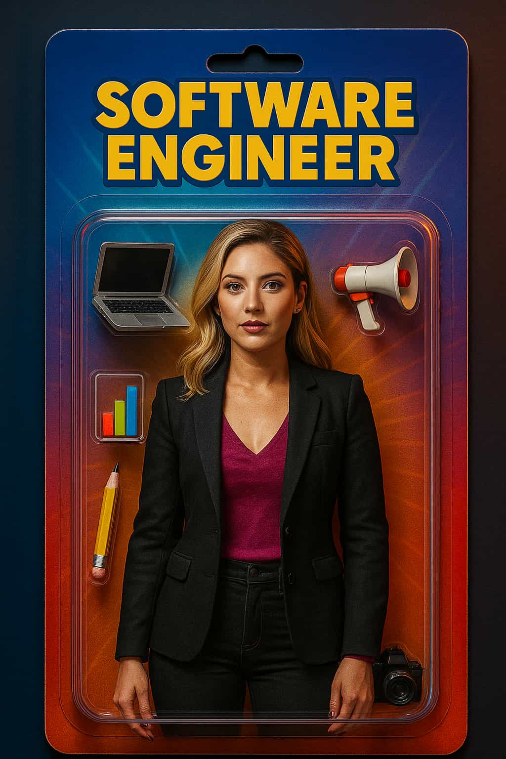 A hyper-realistic action figure-style packaging featuring a confident blonde woman in a black blazer and magenta top, labeled as a "Software Engineer", inside a colorful plastic blister pack with accessories like a laptop, bar chart, pencil, megaphone, and camera, vibrant lighting, toy box design, studio backdrop, cinematic product photography style, sharp shadows and highlights, --v 6 --style raw --ar 2:3 