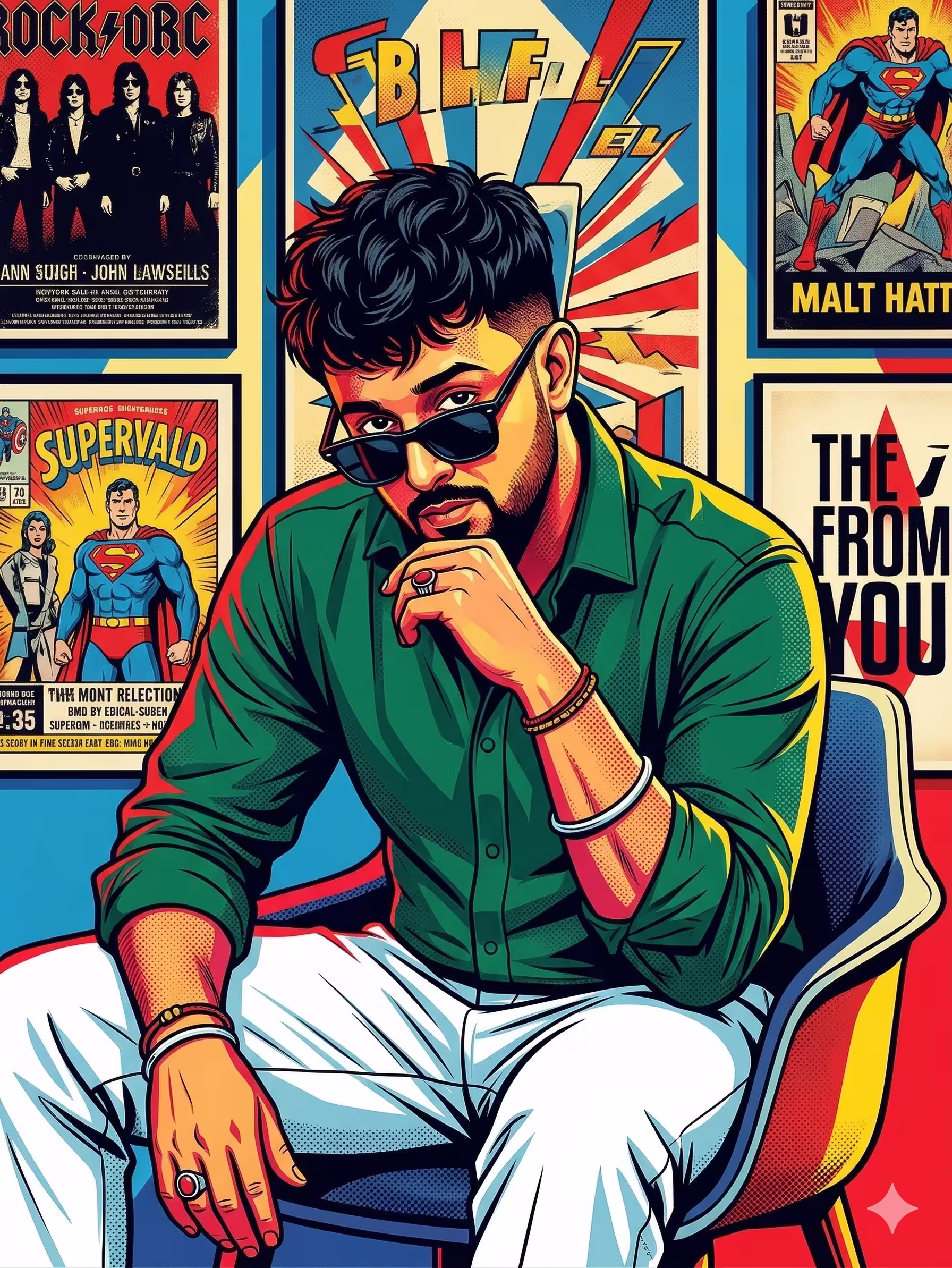Ultra-detailed high-contrast pop art illustration of a confident young man with dark messy textured hair and a sharp goatee, seated casually in a modern chair. He wears a deep emerald green long-sleeve button-down shirt (slightly rolled sleeves), crisp white tailored trousers, and sleek black sunglasses lowered slightly on his nose. His head tilts subtly forward with a thoughtful yet dominant expression, lips relaxed, eyes partially visible over the sunglasses for cinematic attitude.
Lighting is bold and graphic with strong rim light and punchy shadows, creating dramatic contrast and vibrant color separation. Skin tones are stylized with halftone shading and smooth gradient blends. The illustration style mixes modern comic-book realism with classic pop-art poster aesthetics - sharp vector edges, clean ink outlines, subtle grain texture, and saturated color blocking
The background features an artistic gallery wall filled with stylized vintage posters - abstract rock band logos, retro superhero-inspired graphics, bold typography elements, and layered collage textures. Posters are colorful but slightly blurred to maintain depth of field and keep focus on the subject.
Color palette: emerald green, crimson red, royal blue, mustard yellow accents, and high-contrast black & white.
Camera angle: slight low-angle perspective for a powerful presence
Ultra-sharp details, 8K resolution, studio-quality render, Behance trending aesthetic.