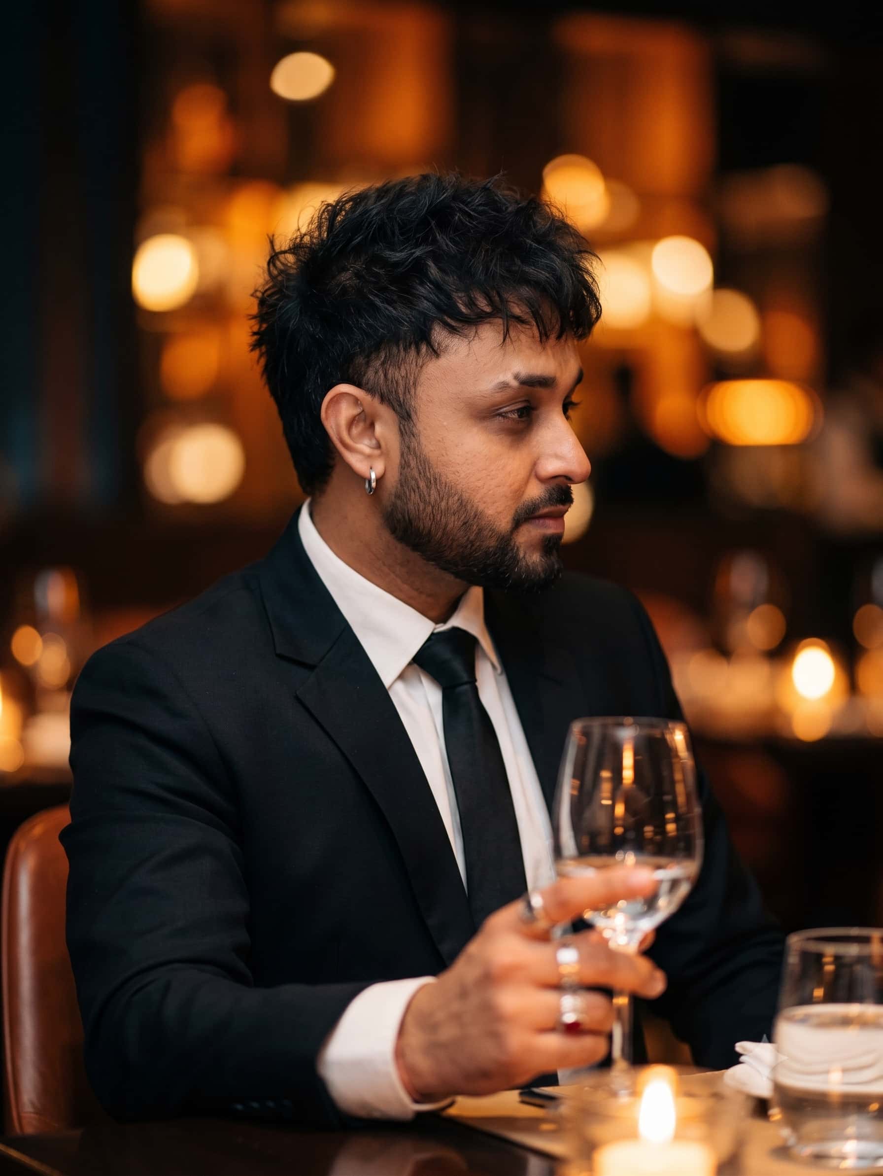 Ultra-realistic cinematic color portrait of a stylish young man sitting in a luxurious fine-dining restaurant at night, wearing a tailored black suit, crisp white shirt, and black tie. Side-profile pose, sharp jawline, soft beard, messy textured dark hair partially covering the eyes, silver hoop earring, multiple silver rings. Holding a crystal wine glass with a confident and mysterious expression. Warm golden candlelight reflecting on the glass, rich amber and orange bokeh lights in the background, elegant luxury atmosphere, deep shadows and dramatic lighting, premium editorial fashion photography, high-end mafia aesthetic, sophisticated gentleman vibe, realistic skin texture, shallow depth of field, cinematic color grading, Leica M11, 85mm lens, ultra-detailed, photorealistic, luxury lifestyle magazine cover, 8K HDR, masterpiece quality.
