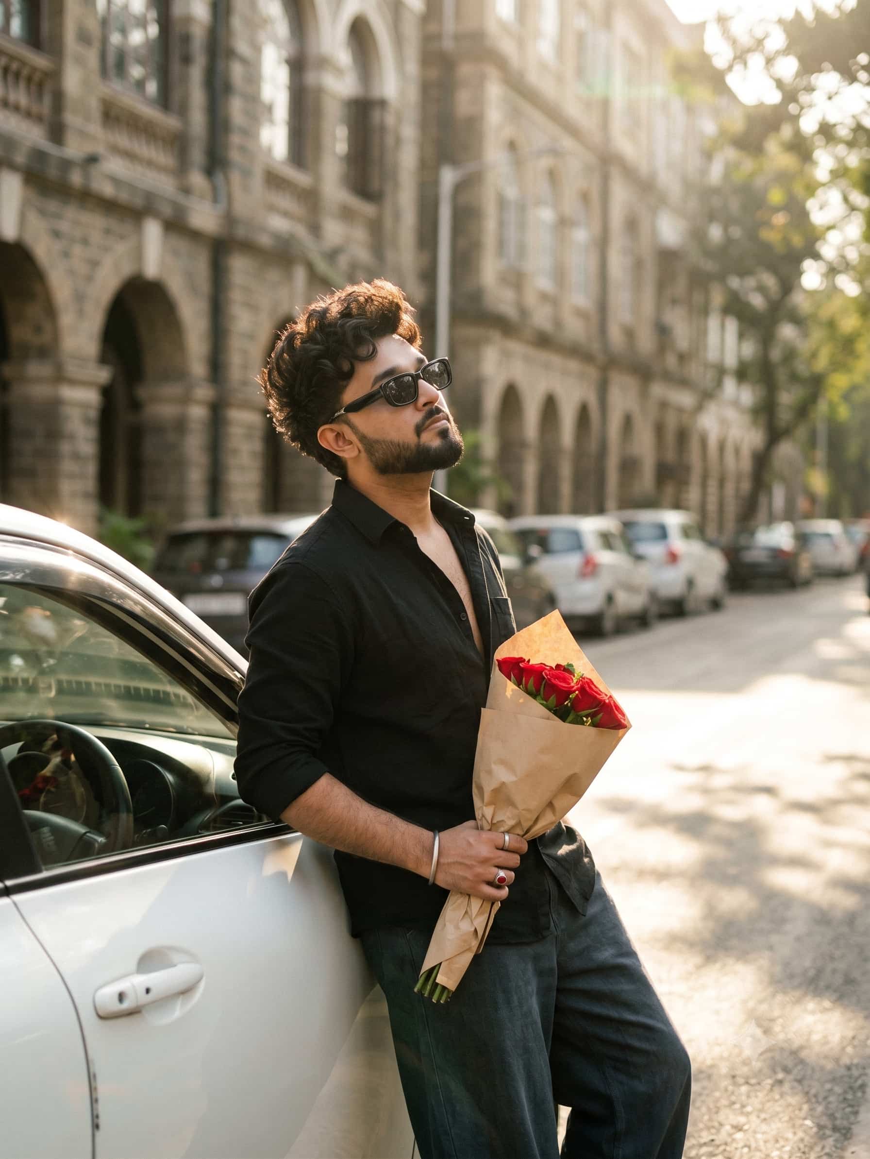 A cinematic, candid street photo of a stylish young man with curly hair, wearing black sunglasses, leaning casually against a white car on a tree-lined city street in soft golden afternoon sunlight. He is holding a bouquet of red flowers wrapped in brown kraft paper with both hands, resting them near his waist, with his head slightly tilted back and turned uprwad, eyes hidden behind sunglasses, giving a relaxed, confident, dreamy vibe. He is dressed in a black button-up shirt with sleves rolled and black wide-leg pants, exuding a minimalist, effortless style.
The background features parked cars, tree shadwes, and an old stone building with arrhes, softly blurred with a shallow depth of field, creating a warm, nostalgic, film-like atmosphere. The sunlight filters through the trees, casting gentle highlights and shadows, with a subtle lens glow and a cozy vintage color grade. Shot from a slightly low angle in natural light, with soft contract, muted tones, and a realistic grain, as if captured on a high-end DSLR or 35mm film, ultra detailed, photorealistic, premiur «»
editorial photography.